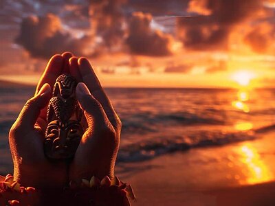 夕陽に照らされた海辺のシルエット（メレの余韻）