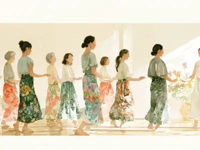 初心者の女性たちが明るい雰囲気の教室でフラダンスを楽しんでいる様子