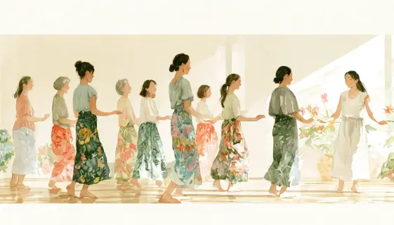 初心者の女性たちが明るい雰囲気の教室でフラダンスを楽しんでいる様子