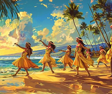 サンセットの海辺で踊るグループ（ハラウの一体感）