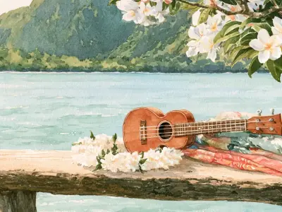 ウクレレとレイが置かれたハワイの海辺を描いた初心者向けフラ曲のイメージ
