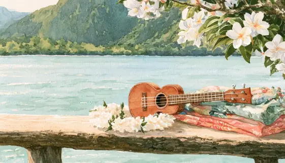 ウクレレとレイが置かれたハワイの海辺を描いた初心者向けフラ曲のイメージ