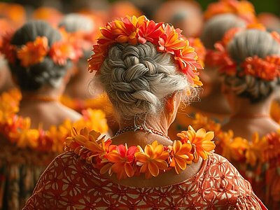 花のレイが映える後ろ姿（発表会準備の雰囲気）