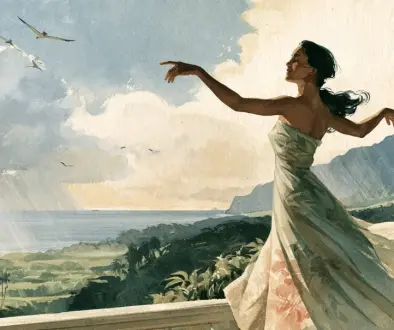 夕暮れのハワイで優雅にフラを踊る姿とLovely Hula Handsの世界を表現した水彩イラスト