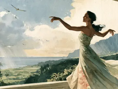 夕暮れのハワイで優雅にフラを踊る姿とLovely Hula Handsの世界を表現した水彩イラスト