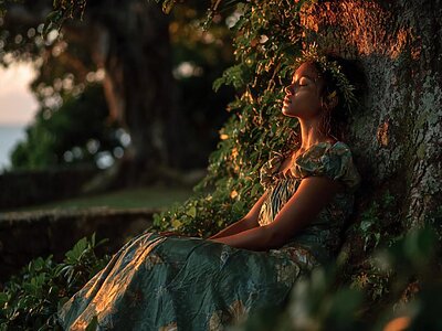 森の木陰に座る女性とフラの祈りを感じる時間