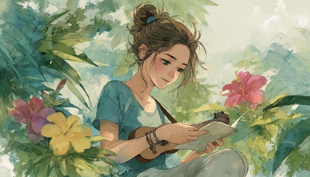 ハワイ語の歌詞カードを見ながら微笑む女性。花に囲まれた穏やかな雰囲気の中で、ハワイアンソングを学んでいる様子。