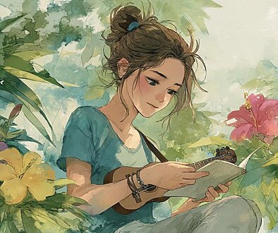 ハワイ語の歌詞カードを見ながら微笑む女性。花に囲まれた穏やかな雰囲気の中で、ハワイアンソングを学んでいる様子。