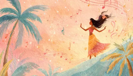 花びらが舞う中で踊るフラダンサーと軽やかな所作