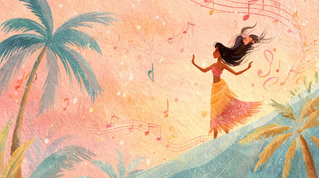 花びらが舞う中で踊るフラダンサーと軽やかな所作