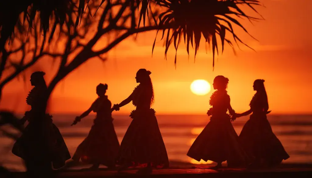 夕陽の前で踊るフラダンサーのシルエットとサンセットの海