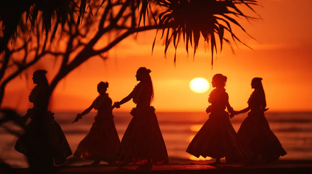 夕陽の前で踊るフラダンサーのシルエットとサンセットの海