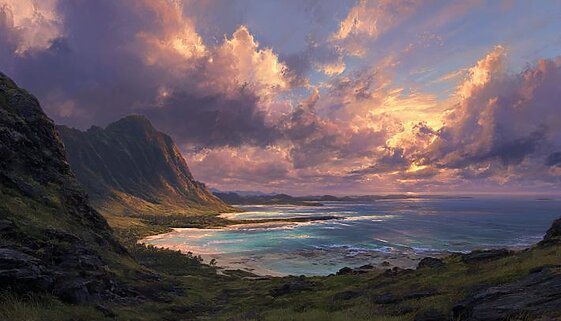山と海が広がるハワイの湾と夕暮れの雲