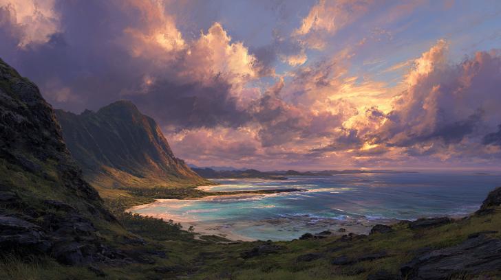 山と海が広がるハワイの湾と夕暮れの雲