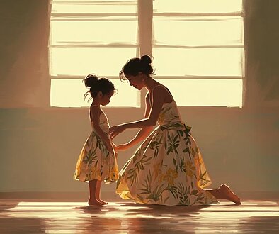 フラのレッスンで先生の動きを観察しながら、形を真似するのではなく流れを受け取ろうとする初心者フラダンサーの様子を描いた水彩イラスト。