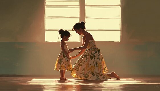 フラのレッスンで先生の動きを観察しながら、形を真似するのではなく流れを受け取ろうとする初心者フラダンサーの様子を描いた水彩イラスト。