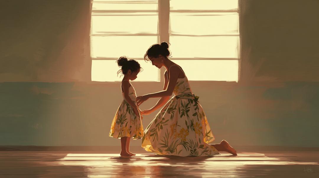 フラのレッスンで先生の動きを観察しながら、形を真似するのではなく流れを受け取ろうとする初心者フラダンサーの様子を描いた水彩イラスト。