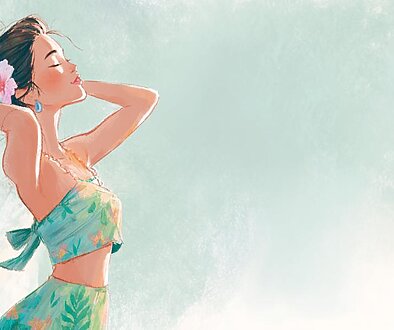 フラダンスのリズム練習を行う初心者フラダンサーが、音楽を感じながら自然に体を動かしている様子を描いた水彩イラスト。