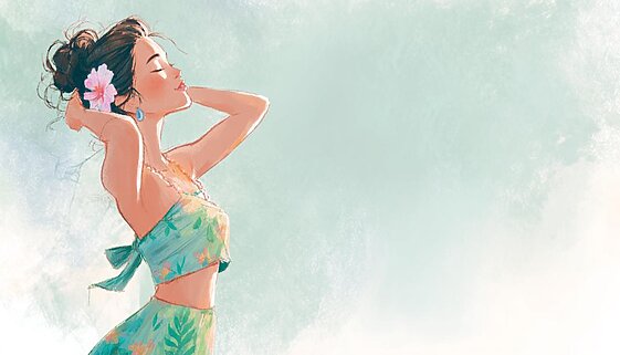 フラダンスのリズム練習を行う初心者フラダンサーが、音楽を感じながら自然に体を動かしている様子を描いた水彩イラスト。