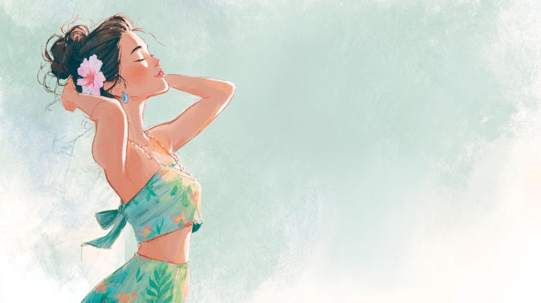 フラダンスのリズム練習を行う初心者フラダンサーが、音楽を感じながら自然に体を動かしている様子を描いた水彩イラスト。