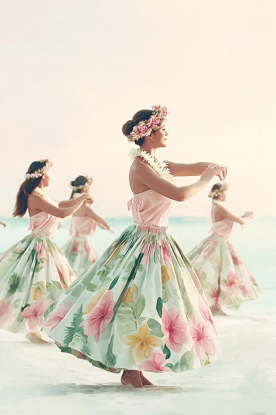 _mauikai_Graceful_Hula_Performance_by_Halau_O_La_Hula_Naomi_P_308da606-6f8e-41d7-af78-0bd1d6e6e4bb_0 フラダンサーの練習風景を描いた水彩画