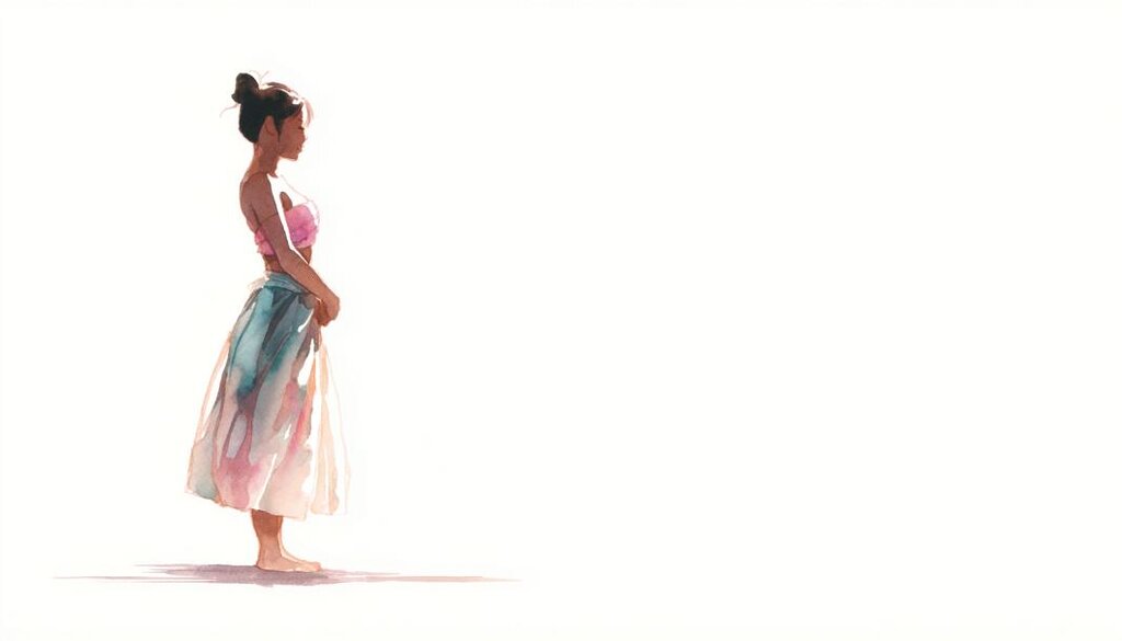 体の重心を意識して静かに立つフラダンサーの水彩画風イラスト