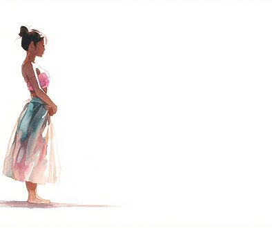 体の重心を意識して静かに立つフラダンサーの水彩画風イラスト