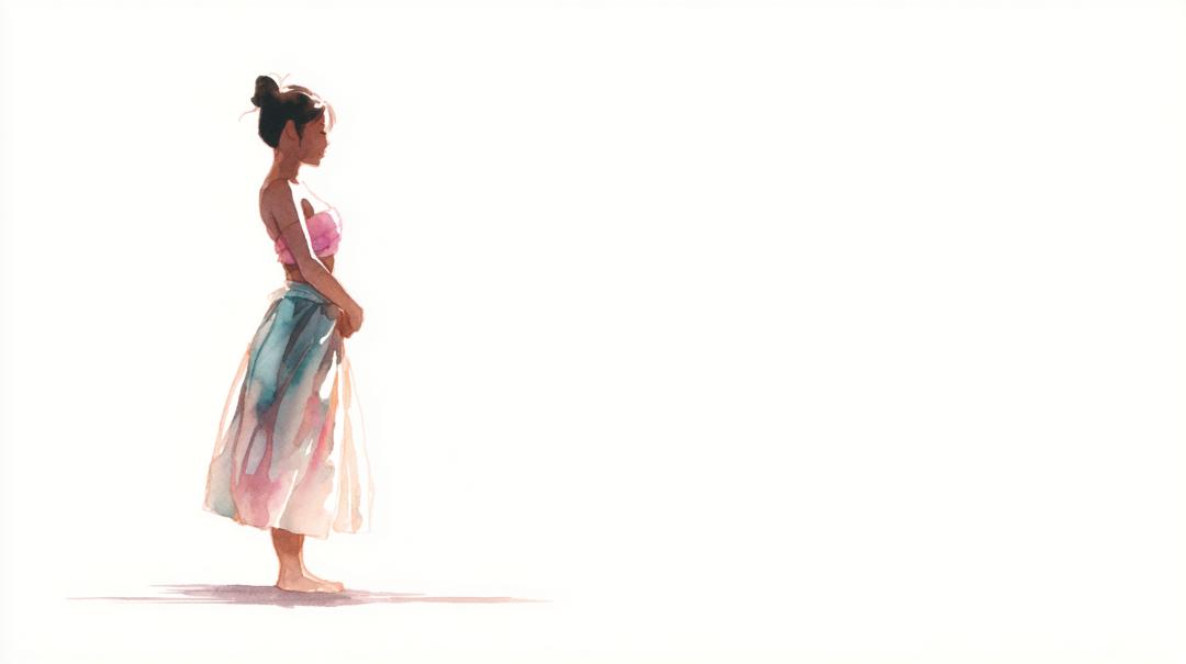 体の重心を意識して静かに立つフラダンサーの水彩画風イラスト