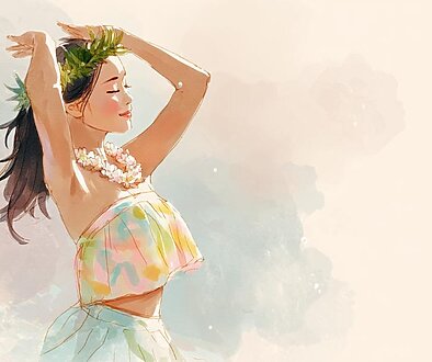 フラダンスの基礎練習を行う初心者フラダンサーが、動きを止めずに流れるように踊っている様子を描いた水彩イラスト。スタジオでのレッスン風景。