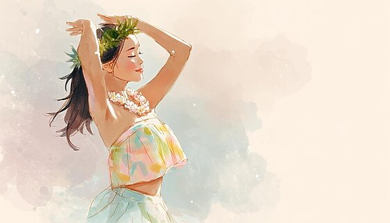 フラダンスの基礎練習を行う初心者フラダンサーが、動きを止めずに流れるように踊っている様子を描いた水彩イラスト。スタジオでのレッスン風景。