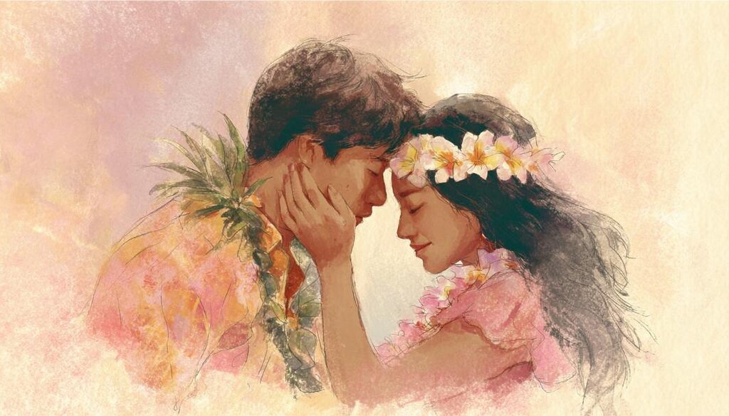 ハワイアンソングに込められた愛を表現するフラの様子。やさしい動きで人や自然への想いを表している。