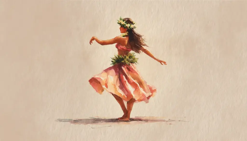 力を抜いた自然な姿勢でフラを踊る様子。肩や腕に余分な緊張がなく、流れるように動いている。