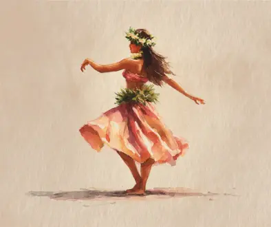 力を抜いた自然な姿勢でフラを踊る様子。肩や腕に余分な緊張がなく、流れるように動いている。