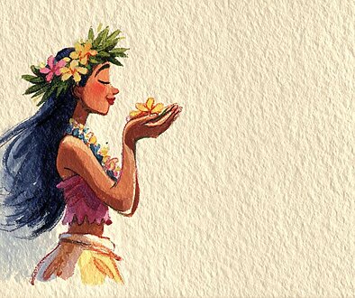 感謝の気持ちを込めてフラを踊る様子。やさしい動きで「ありがとう」を表現している。