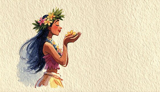 感謝の気持ちを込めてフラを踊る様子。やさしい動きで「ありがとう」を表現している。