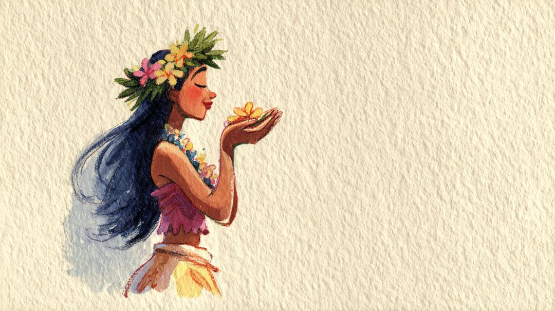 感謝の気持ちを込めてフラを踊る様子。やさしい動きで「ありがとう」を表現している。