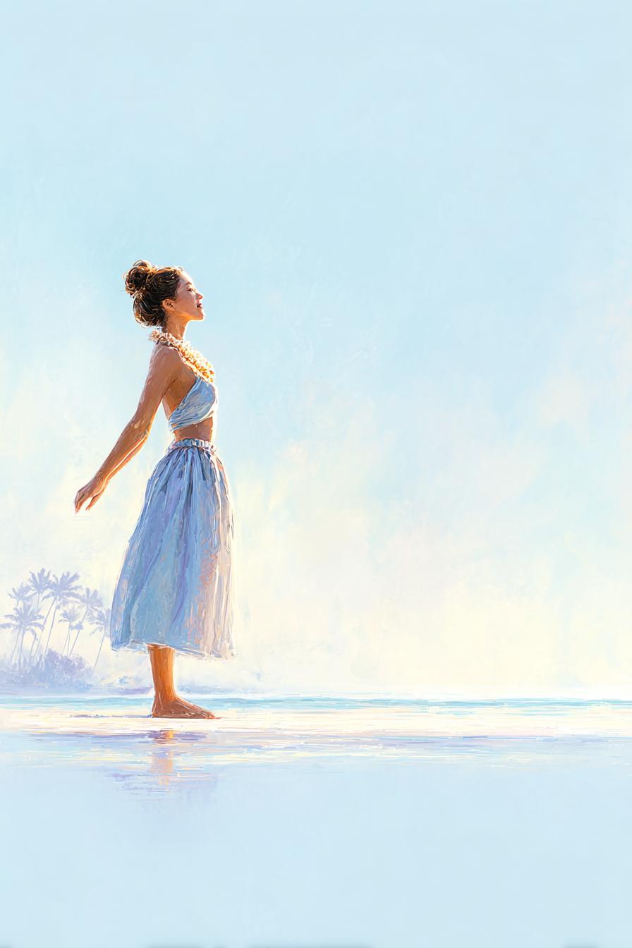 _mauikai_httpss.mj.run_fPhCf6cp24_poetic_realistic_scene_of_a_51f9b589-9288-4689-b5a8-c49b6fc5b7ec_0 海辺に朝日を浴びて佇むフラダンサー