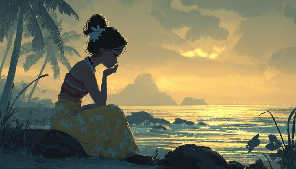 夕暮れのハワイの海辺で、穏やかな表情でフラを踊るダンサーを描いた透明水彩イラスト