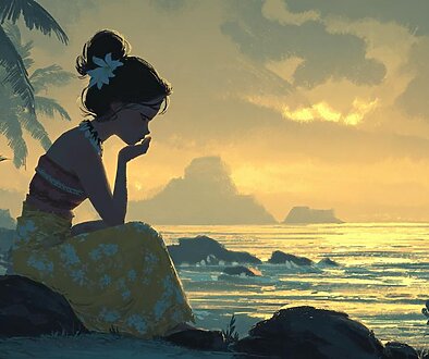 夕暮れのハワイの海辺で、穏やかな表情でフラを踊るダンサーを描いた透明水彩イラスト