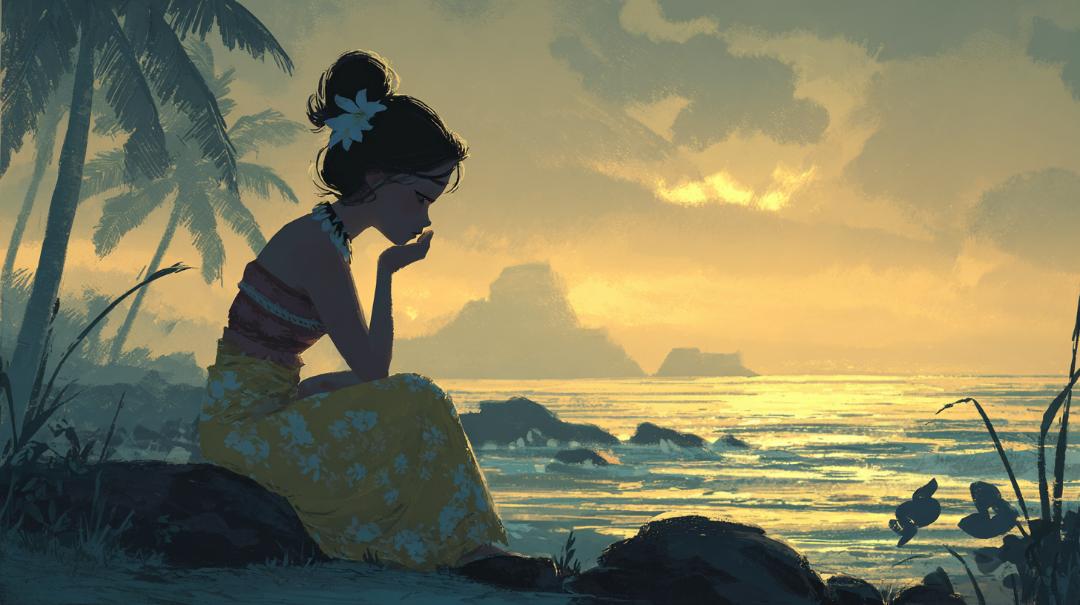 夕暮れのハワイの海辺で、穏やかな表情でフラを踊るダンサーを描いた透明水彩イラスト