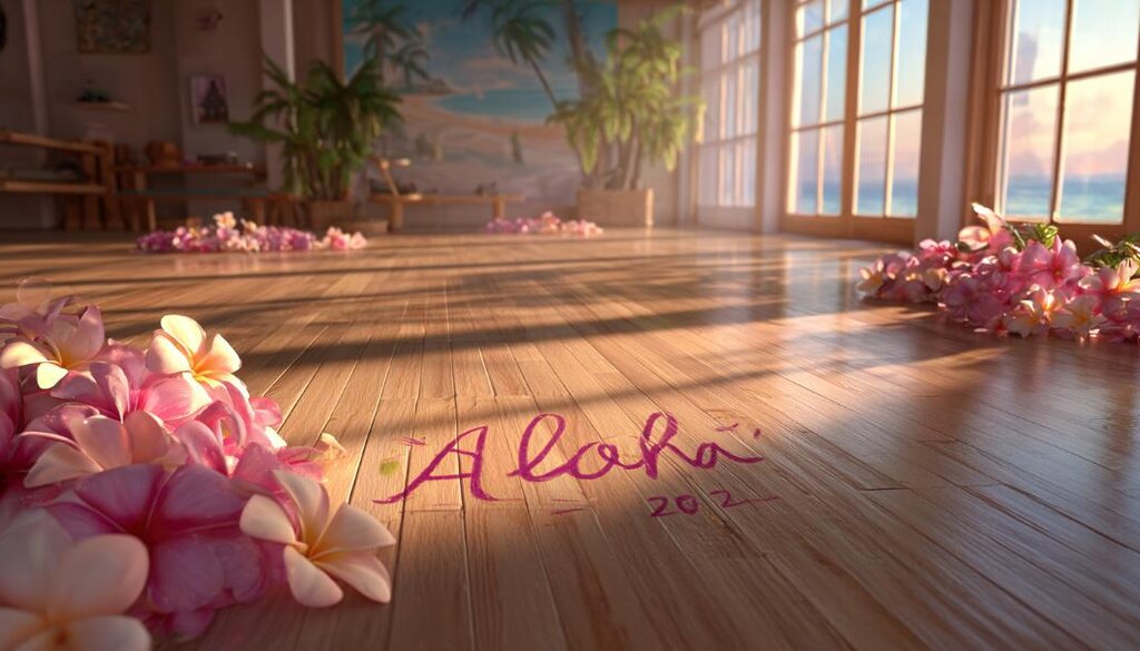 朝の光が差し込むハワイのフラスタジオ。木の床にはピンクと白のプルメリアのレイが並び、“Aloha 2026”と手書きで描かれている。