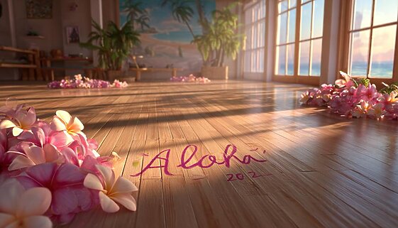 朝の光が差し込むハワイのフラスタジオ。木の床にはピンクと白のプルメリアのレイが並び、“Aloha 2026”と手書きで描かれている。