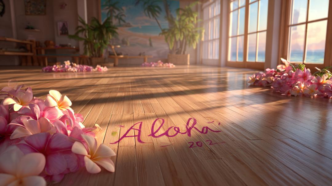 朝の光が差し込むハワイのフラスタジオ。木の床にはピンクと白のプルメリアのレイが並び、“Aloha 2026”と手書きで描かれている。