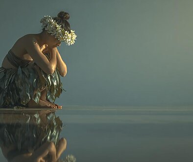 静かな空間で、やわらかな手の動きとともにメレの言葉を感じながら踊るフラダンサーを描いた透明水彩風イラスト