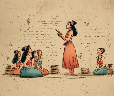 フラのレッスンで使う挨拶や掛け声など、役立つハワイ語を学ぶイメージを描いたイラスト。