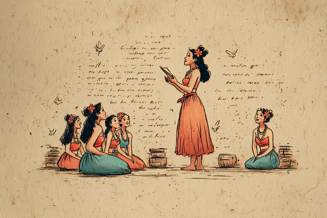 フラのレッスンで使う挨拶や掛け声など、役立つハワイ語を学ぶイメージを描いたイラスト。