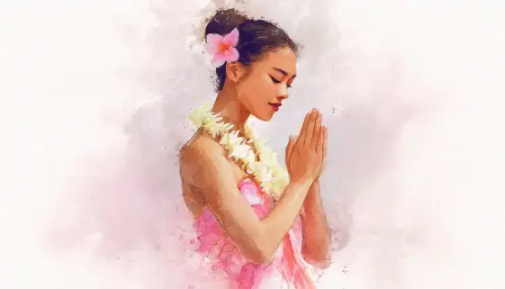 パウスカートを丁寧に整えながらフラのレッスン前に心と呼吸を落ち着かせている様子