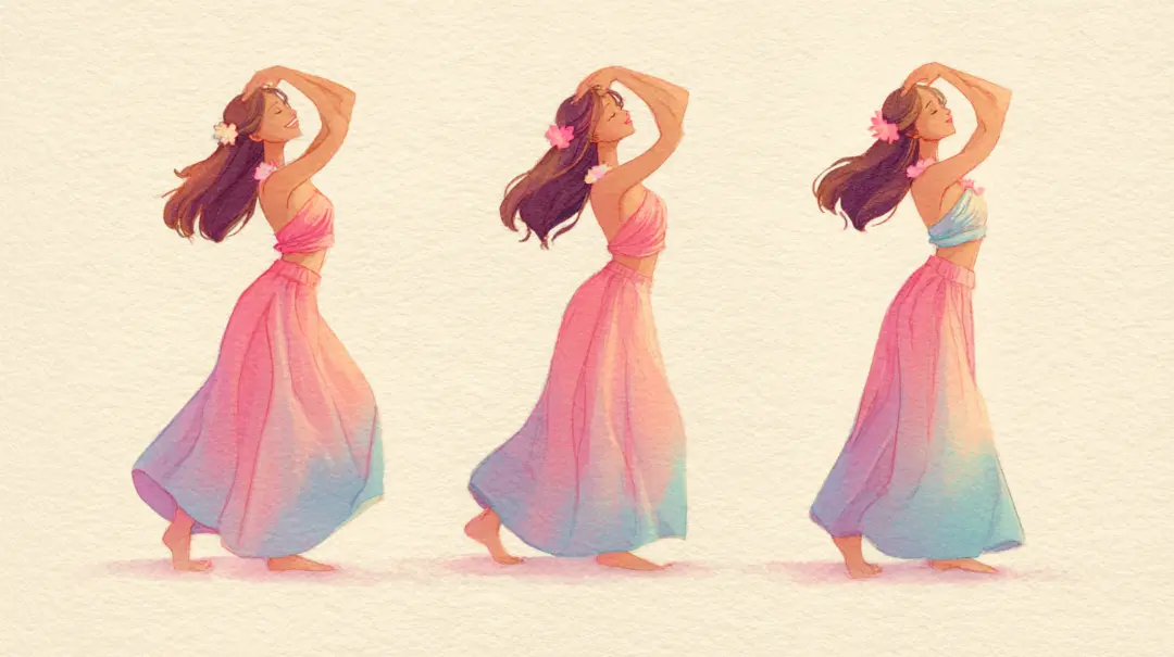 同じ動きを繰り返しながらも感情を重ねて表現しているフラダンサーの様子