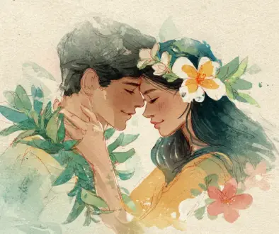 フラの場でレイを丁寧に贈り合い、関係を結ぶ瞬間を表現した水彩イラスト