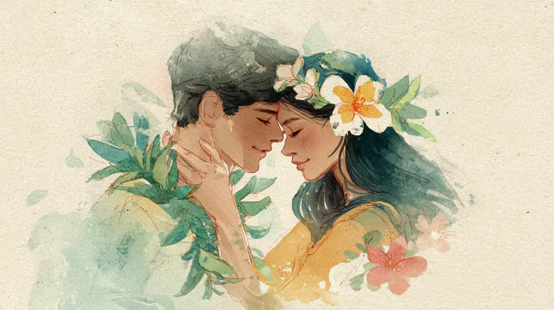 フラの場でレイを丁寧に贈り合い、関係を結ぶ瞬間を表現した水彩イラスト